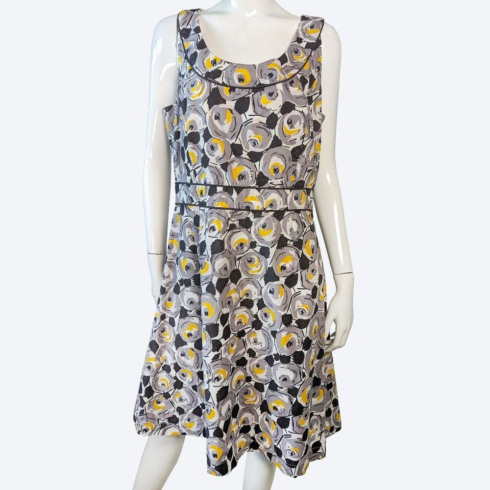 Boden Retro Rose Cotton Fit & Flare Dress in Gray & Yellow | 10R